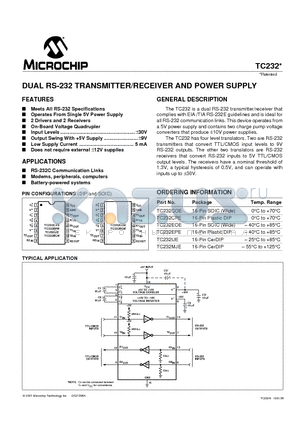 TC232 datasheet - DUAL RS-232 TRANSMITTER/RECEIVER AND POWER SUPPLY