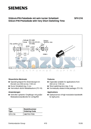 SFH216 datasheet - Silizium-PIN-Fotodiode mit sehr kurzer Schaltzeit Silicon PIN Photodiode with Very Short Switching Time