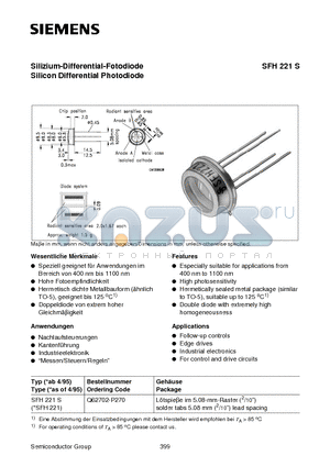 SFH221 datasheet - Silizium-Differential-Fotodiode Silicon Differential Photodiode