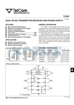 TC232COE datasheet - DUAL RS-232 TRANSMITTER/RECEIVER AND POWER SUPPLY