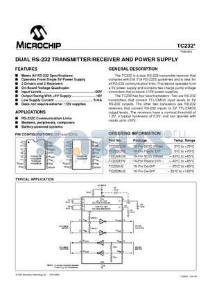 TC232CPE datasheet - DUAL RS-232 TRANSMITTER/RECEIVER AND POWER SUPPLY