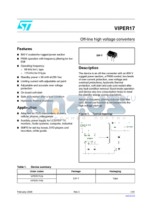 VIPER17HN datasheet - Off-line high voltage converters