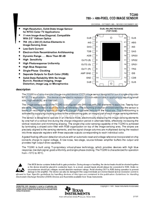 TC240 datasheet - 780-  488-PIXEL CCD IMAGE SENSOR