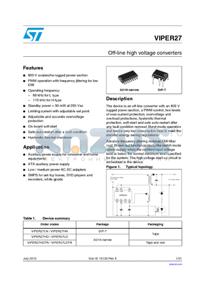 VIPER27HD datasheet - Off-line high voltage converters