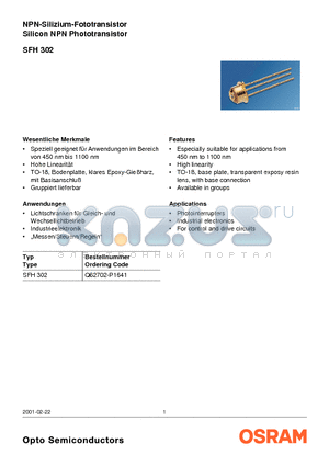 SFH302 datasheet - NPN-Silizium-Fototransistor