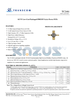 TC2481 datasheet - 0.5 W Low-Cost Packaged PHEMT GaAs Power FETs