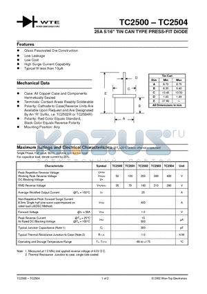 TC2501 datasheet - 25A 5/16 TIN CAN TYPE PRESS-FIT DIODE