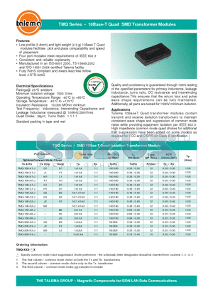 TMQ-100-E1-J datasheet - 10Base-T Quad SMD Transformer Modules