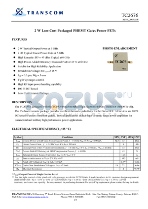 TC2676 datasheet - 2 W Low-Cost Packaged PHEMT GaAs Power FETs