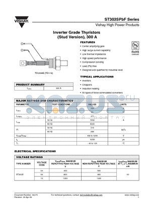 ST303SPBF datasheet - Inverter Grade Thyristors (Stud Version), 300 A