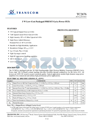 TC2876 datasheet - 5 W Low-Cost Packaged PHEMT GaAs Power FETs