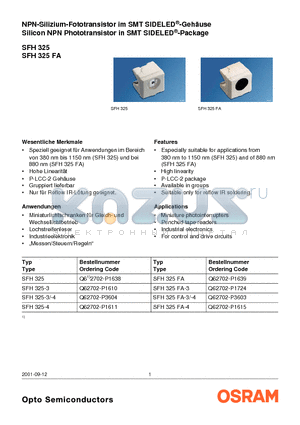 SFH325 datasheet - Silicon NPN Phototransistor in SMT SIDELED^-Package