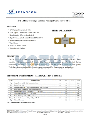 TC2996D datasheet - 2.45 GHz 12 W Flange Ceramic Packaged GaAs Power FETs