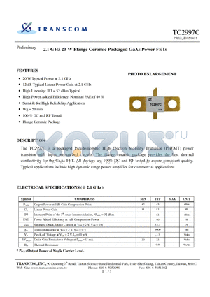 TC2997C datasheet - 2.1 GHz 20 W Flange Ceramic Packaged GaAs Power FETs