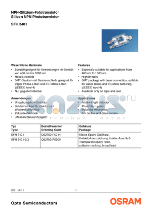 SFH3401 datasheet - NPN-Silizium-Fototransistor