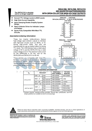 SN74LS06 datasheet - HEX INVERTER BUFFERS/DRIVERS WITH OPEN-COLLECTOR HIGH-VOLTAGE OUPUTS