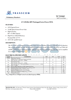 TC2998F datasheet - 2.7-2.9GHz 20W Packaged GaAs Power FETs
