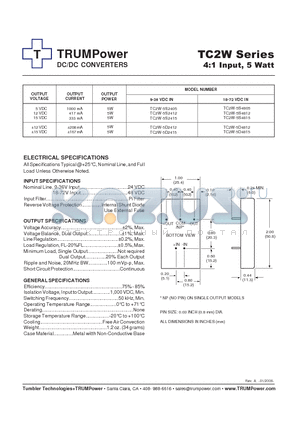 TC2W-5S2405 datasheet - DC/DC CONVERTERS 4:1 Input, 5 Watt