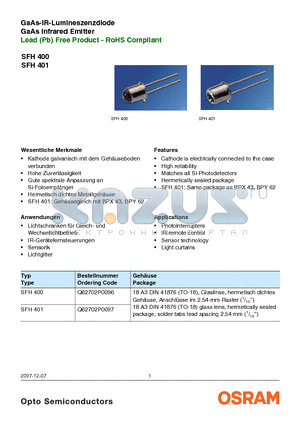 SFH400 datasheet - GaAs-IR-Lumineszenzdiode GaAs Infrared Emitter Lead (Pb) Free Product - RoHS Compliant