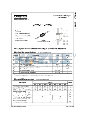 UF4001 datasheet - 1.0 Ampere Glass Passivated High Efficiency Rectifiers