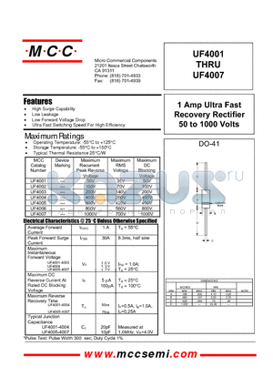 UF4001 datasheet - 1 Amp Ultra Fast Recovery Rectifier 50 to 1000 Volts