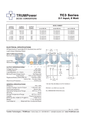 TC3-8D2405 datasheet - DC/DC CONVERTERS2:1 Input, 8 Watt