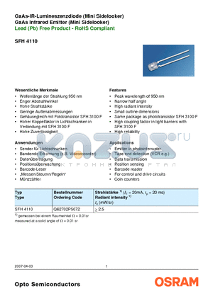 SFH4110 datasheet - GaAs-IR-Lumineszenzdiode (Mini Sidelooker)