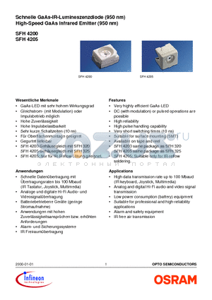SFH4200 datasheet - Schnelle GaAs-IR-Lumineszenzdiode (950 nm),High-Speed GaAs Infrared Emitter (950 nm)