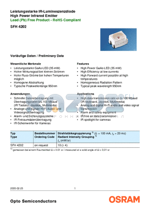 SFH4202 datasheet - Leistungsstarke IR-Lumineszenzdiode High Power Infrared Emitter Lead (Pb) Free Product - RoHS Compliant