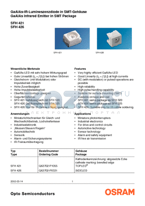 SFH421 datasheet - GaAlAs Infrared Emitter in SMT Package