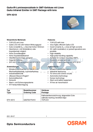 SFH4219 datasheet - GaAs Infrared Emitter in SMT Package with lens