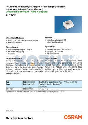 SFH4243 datasheet - IR-Lumineszenzdiode (940 nm) mit hoher Ausgangsleistung