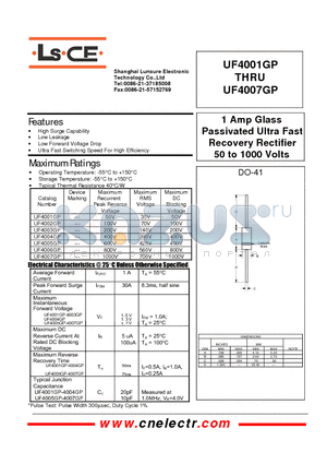 UF4001GP datasheet - 1Amp glass passivated ultra fast recovery rectifier 50to1000 volts