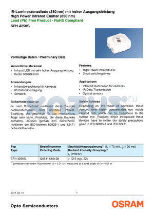 SFH4250S datasheet - IR-Lumineszenzdiode (850 nm) mit hoher Ausgangsleistung