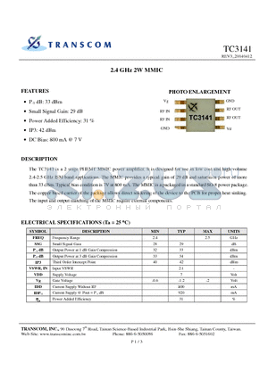 TC3141 datasheet - 2.4 GHz 2W MMIC