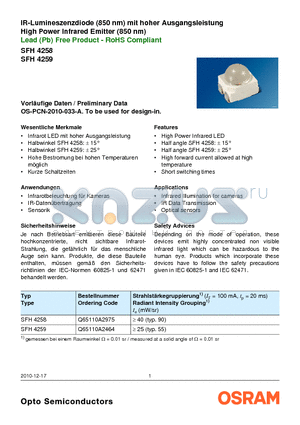 SFH4259 datasheet - IR-Lumineszenzdiode (850 nm) mit hoher Ausgangsleistung