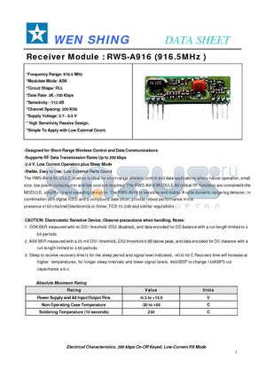 RWS-A916 datasheet - Receiver Module : RWS-A916 (916.5MHz)