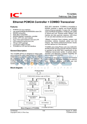 TC3299A datasheet - Ethernet PCMCIA Controller  COMBO Transceiver