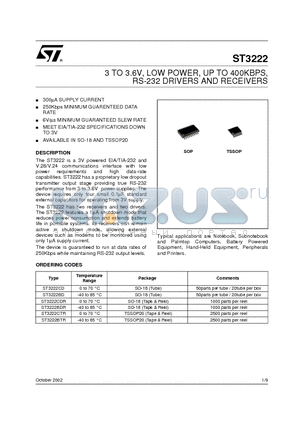 ST3222BD datasheet - 3 TO 3.6V, LOW POWER, UP TO 400KBPS, RS-232 DRIVERS AND RECEIVERS