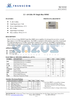 TC3332 datasheet - 3.3 - 4.0 GHz 1W Single Bias MMIC