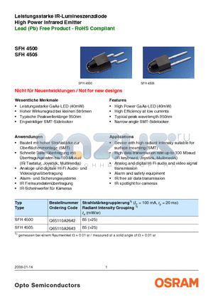 SFH4505 datasheet - Leistungsstarke IR-Lumineszenzdiode High Power Infrared Emitter Lead (Pb) Free Product - RoHS Compliant
