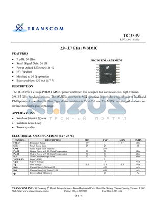 TC3339 datasheet - 2.9 - 3.7 GHz 1W MMIC