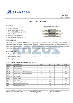 TC3341 datasheet - 3.3 - 3.7 GHz 2W MMIC