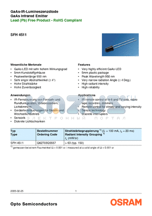 SFH4511 datasheet - GaAs-IR-Lumineszenzdiode GaAs Infrared Emitter Lead (Pb) Free Product - RoHS Compliant