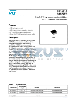 ST3222C datasheet - 3 to 3.6 V, low power, up to 400 kbps RS-232 drivers and receivers