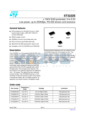 ST3222EBTR datasheet - a 15KV ESD-protected, 3 to 5.5V Low power, up to 250KBps, RS-232 drivers and receivers