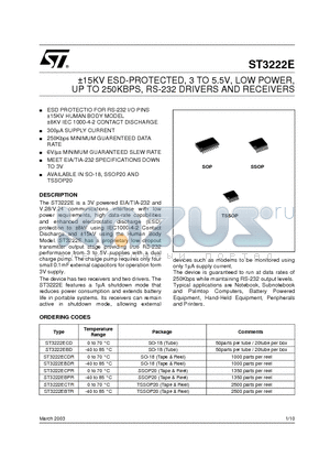 ST3222ECTR datasheet - a15KV ESD-PROTECTED, 3 TO 5.5V, LOW POWER, UP TO 250KBPS, RS-232 DRIVERS AND RECEIVERS