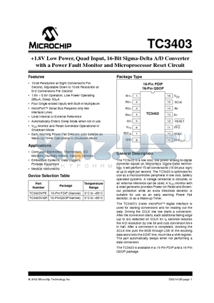 TC3403VPE datasheet - 1.8V Low Power, Quad Input, 16-Bit Sigma-Delta A/D Converter with a Power Fault Monitor and Microprocessor Reset Circuit