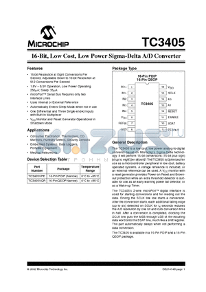 TC3405 datasheet - 16-Bit, Low Cost, Low Power Sigma-Delta A/D Converter