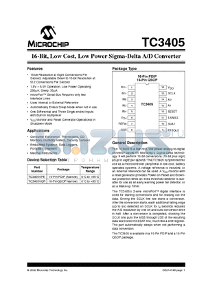 TC3405VQR datasheet - 16-Bit, Low Cost, Low Power Sigma-Delta A/D Converter